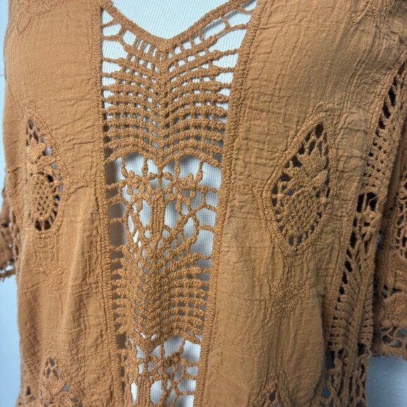 Boho Chic Crochet Lace Open Weave Burnt Orange Brown Large Top Cottage Lagenlook - Picture 2 of 7